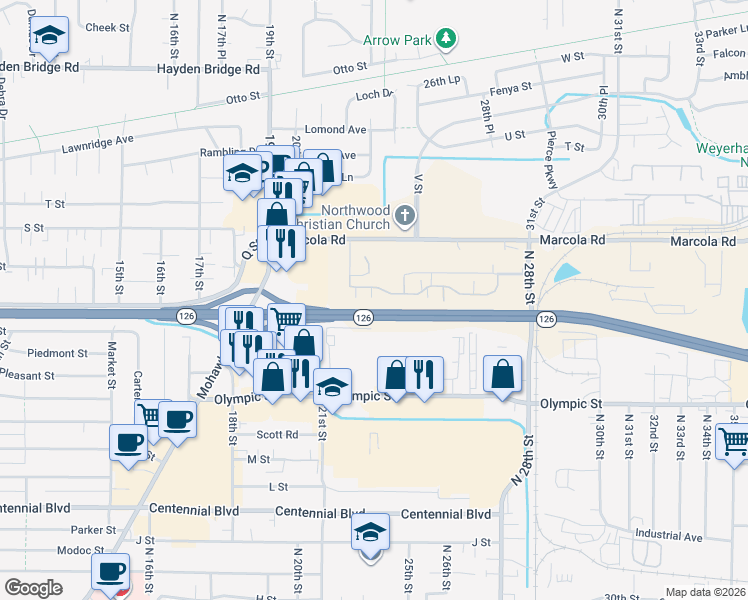 map of restaurants, bars, coffee shops, grocery stores, and more near 2233 Maia Loop in Springfield