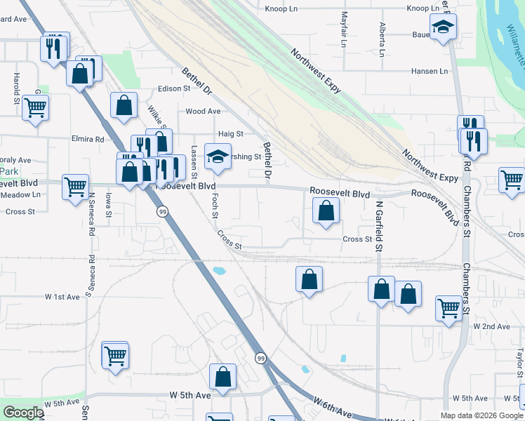 map of restaurants, bars, coffee shops, grocery stores, and more near 140 North McKinley Street in Eugene