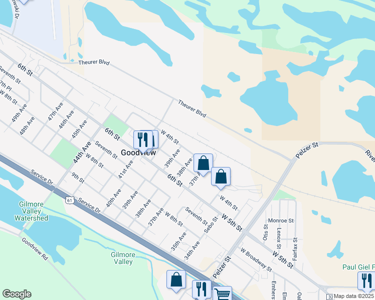 map of restaurants, bars, coffee shops, grocery stores, and more near 414 39th Avenue in Goodview