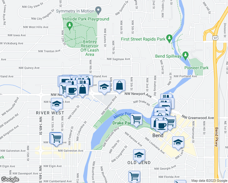 map of restaurants, bars, coffee shops, grocery stores, and more near 640 Northwest Newport Avenue in Bend