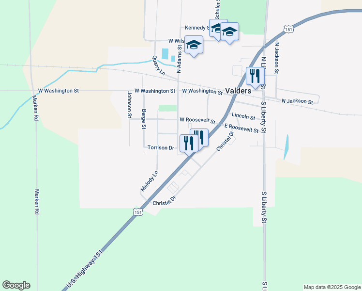 map of restaurants, bars, coffee shops, grocery stores, and more near 447 South Adams Street in Valders