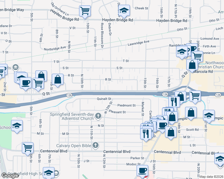 map of restaurants, bars, coffee shops, grocery stores, and more near 1250 Q Street in Springfield