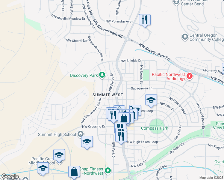 map of restaurants, bars, coffee shops, grocery stores, and more near 1726 Northwest Fields Street in Bend