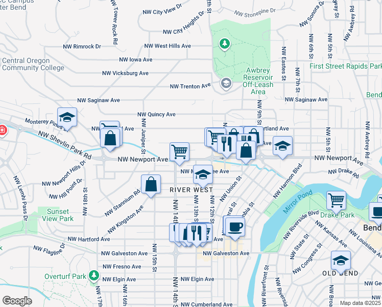 map of restaurants, bars, coffee shops, grocery stores, and more near 1326 Northwest Newport Avenue in Bend
