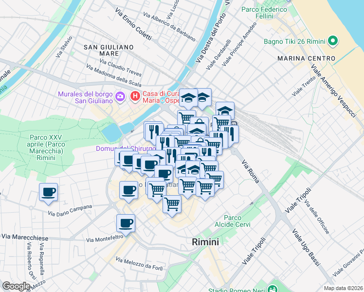 map of restaurants, bars, coffee shops, grocery stores, and more near 26 Via G. Oberdan in Rimini