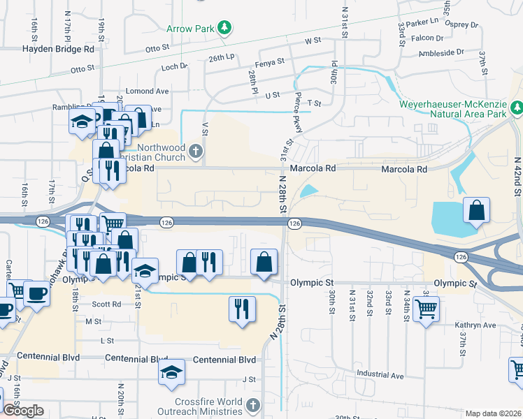 map of restaurants, bars, coffee shops, grocery stores, and more near 2717 Maia Loop in Springfield