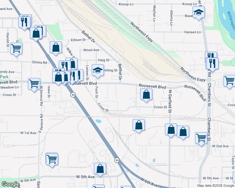 map of restaurants, bars, coffee shops, grocery stores, and more near 140 North McKinley Street in Eugene