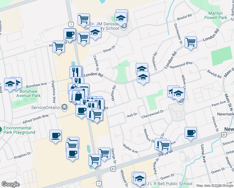 map of restaurants, bars, coffee shops, grocery stores, and more near 230 Sheffield Street in Newmarket