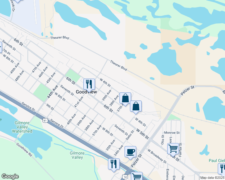 map of restaurants, bars, coffee shops, grocery stores, and more near 414 39th Avenue in Goodview