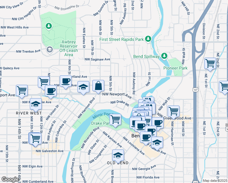 map of restaurants, bars, coffee shops, grocery stores, and more near 426 Northwest Newport Avenue in Bend