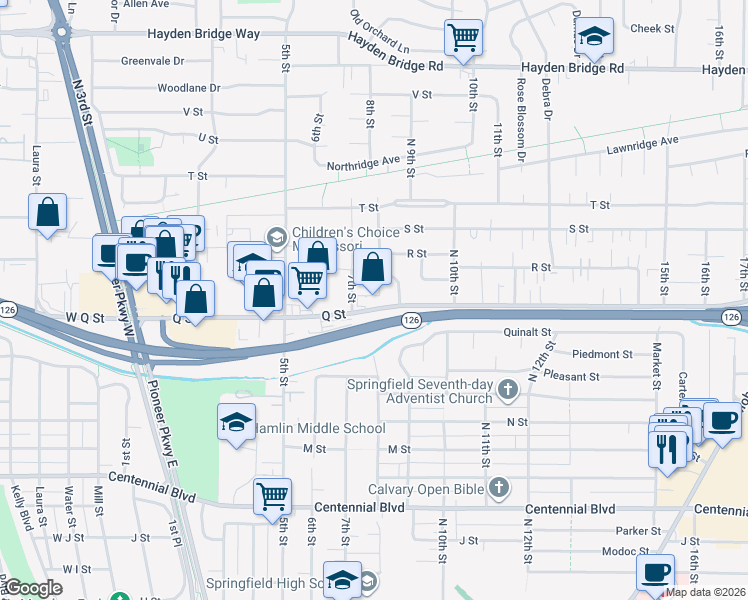 map of restaurants, bars, coffee shops, grocery stores, and more near 776 Q Street in Springfield