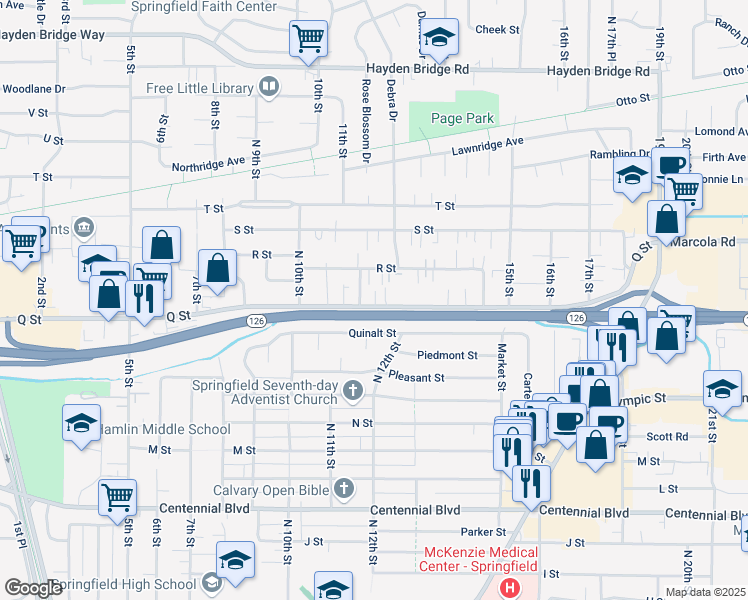 map of restaurants, bars, coffee shops, grocery stores, and more near 1160 Q Street in Springfield
