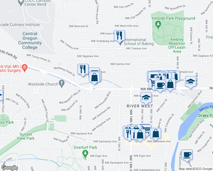 map of restaurants, bars, coffee shops, grocery stores, and more near 1538 Northwest Newport Avenue in Bend
