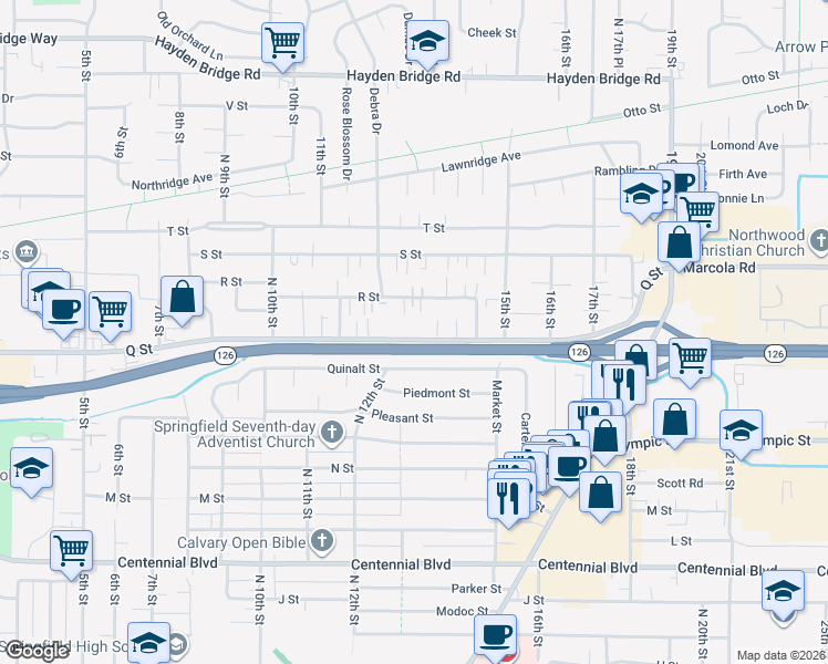 map of restaurants, bars, coffee shops, grocery stores, and more near 1314 Q Street in Springfield