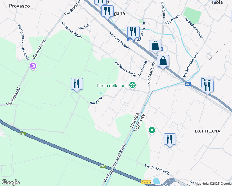 map of restaurants, bars, coffee shops, grocery stores, and more near 68 Via Calcina in Casano