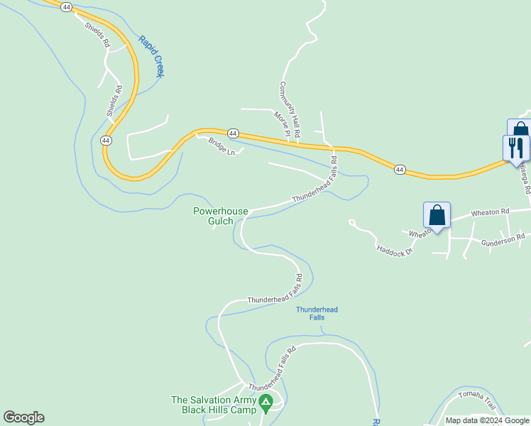 map of restaurants, bars, coffee shops, grocery stores, and more near 23036 Thunderhead Falls Road in Rapid City