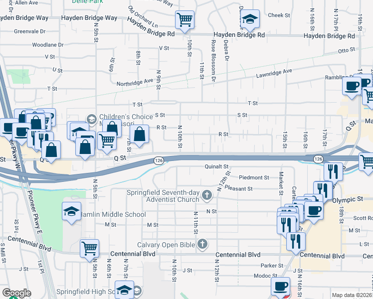 map of restaurants, bars, coffee shops, grocery stores, and more near 1018 Q Street in Springfield