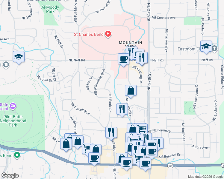 map of restaurants, bars, coffee shops, grocery stores, and more near 1228 Northeast Paula Drive in Bend