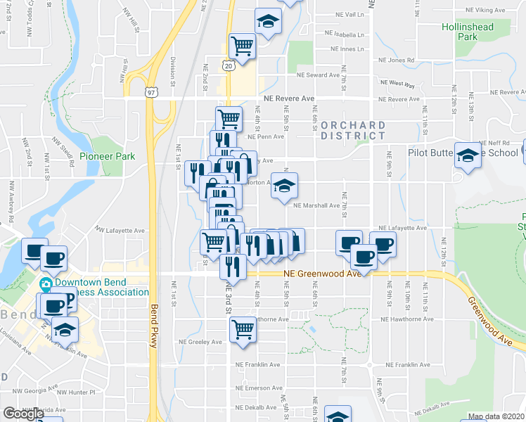 map of restaurants, bars, coffee shops, grocery stores, and more near 1222 Northeast 4th Street in Bend