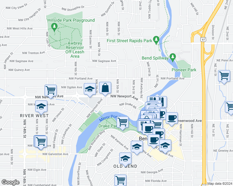 map of restaurants, bars, coffee shops, grocery stores, and more near 426 Northwest Newport Avenue in Bend