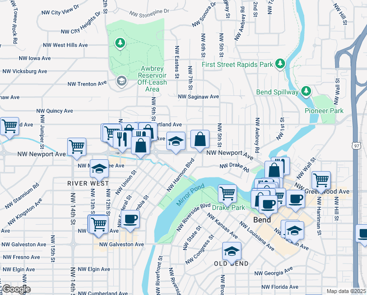 map of restaurants, bars, coffee shops, grocery stores, and more near 640 Northwest Newport Avenue in Bend
