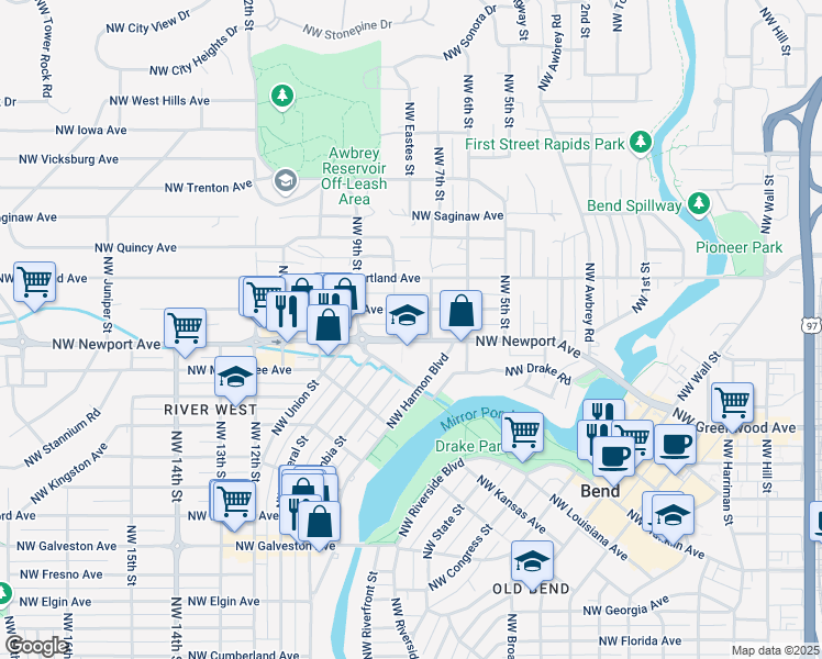 map of restaurants, bars, coffee shops, grocery stores, and more near 786 Northwest Newport Avenue in Bend