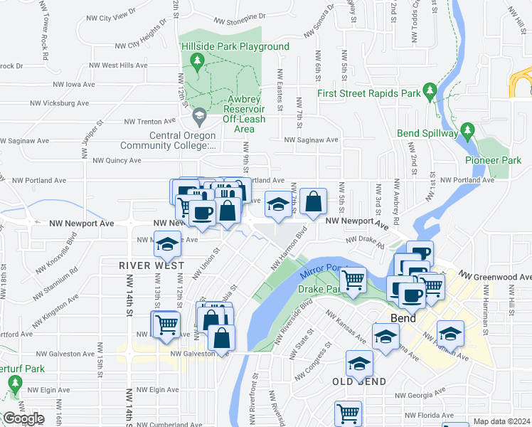 map of restaurants, bars, coffee shops, grocery stores, and more near 786 Northwest Newport Avenue in Bend