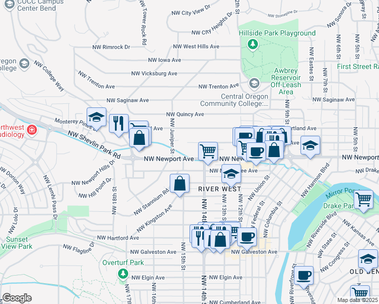 map of restaurants, bars, coffee shops, grocery stores, and more near 1490 Northwest Newport Avenue in Bend