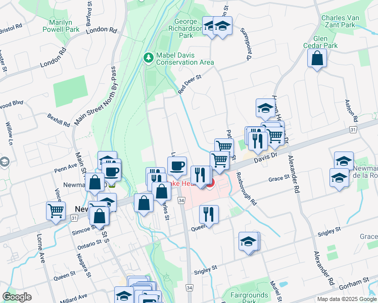 map of restaurants, bars, coffee shops, grocery stores, and more near Bolton Avenue in Newmarket