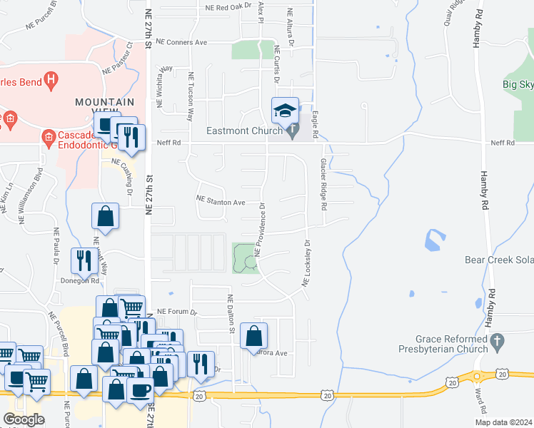 map of restaurants, bars, coffee shops, grocery stores, and more near 1276 Northeast Providence Drive in Bend