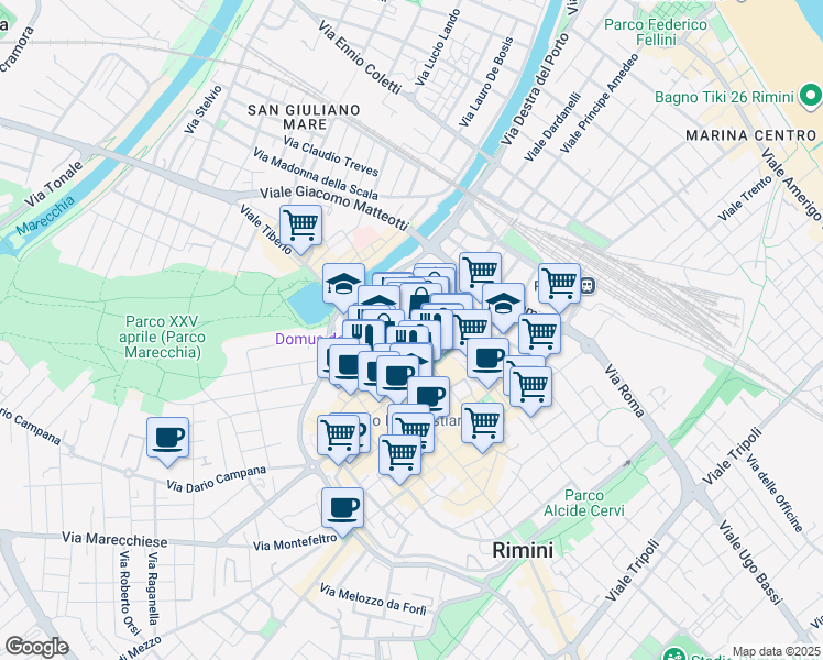 map of restaurants, bars, coffee shops, grocery stores, and more near 16-26 Corso Papa Giovanni XXIII in Rimini