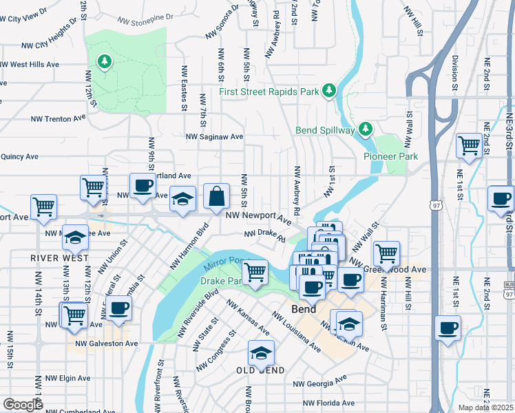 map of restaurants, bars, coffee shops, grocery stores, and more near 426 Northwest Newport Avenue in Bend