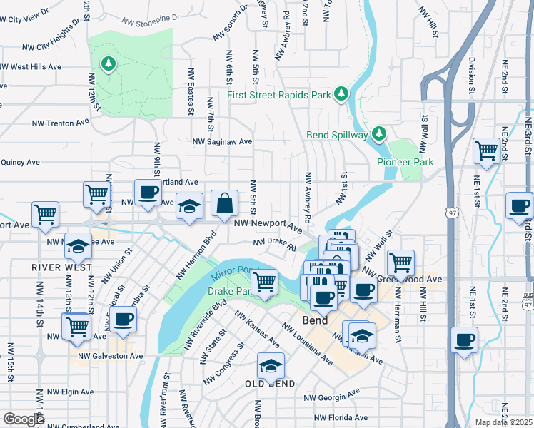 map of restaurants, bars, coffee shops, grocery stores, and more near 1415 Northwest 4th Street in Bend