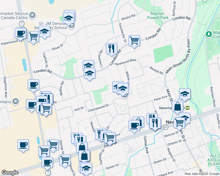 map of restaurants, bars, coffee shops, grocery stores, and more near 228 Yorkshire Drive in Newmarket