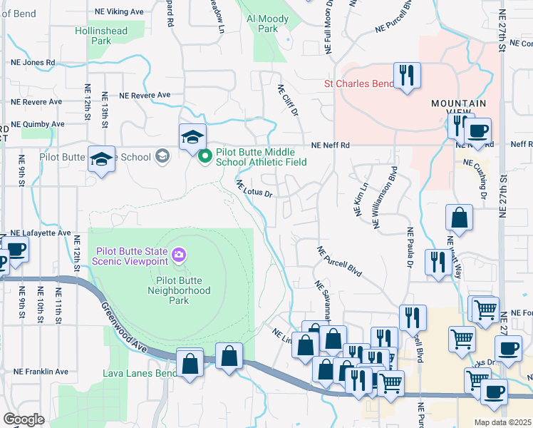 map of restaurants, bars, coffee shops, grocery stores, and more near 1801 Northeast Lotus Drive in Bend