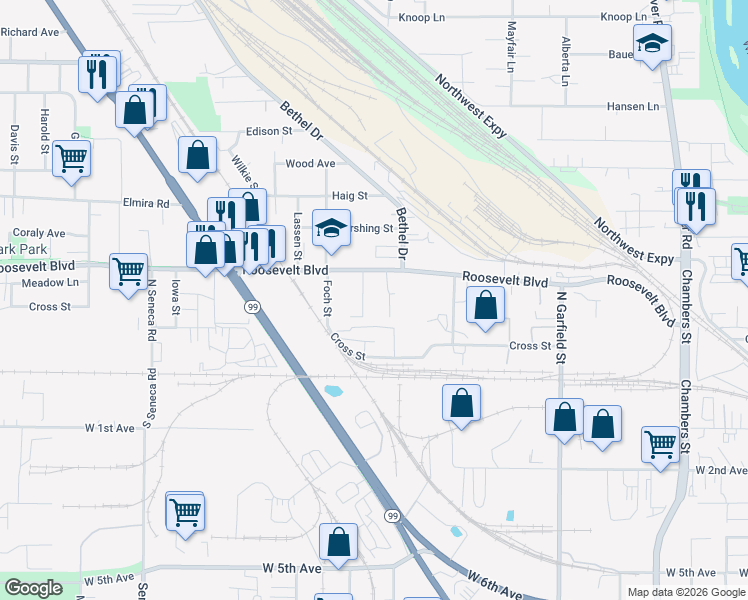 map of restaurants, bars, coffee shops, grocery stores, and more near 140 North McKinley Street in Eugene