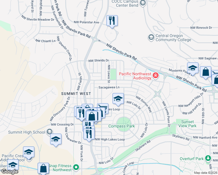 map of restaurants, bars, coffee shops, grocery stores, and more near 2570 Sacagawea Lane in Bend