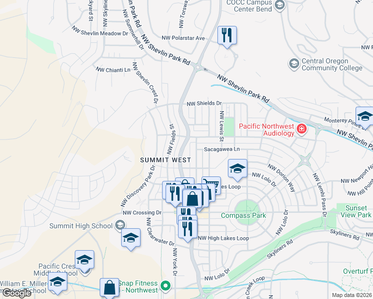 map of restaurants, bars, coffee shops, grocery stores, and more near 1378 Northwest Mount Washington Drive in Bend