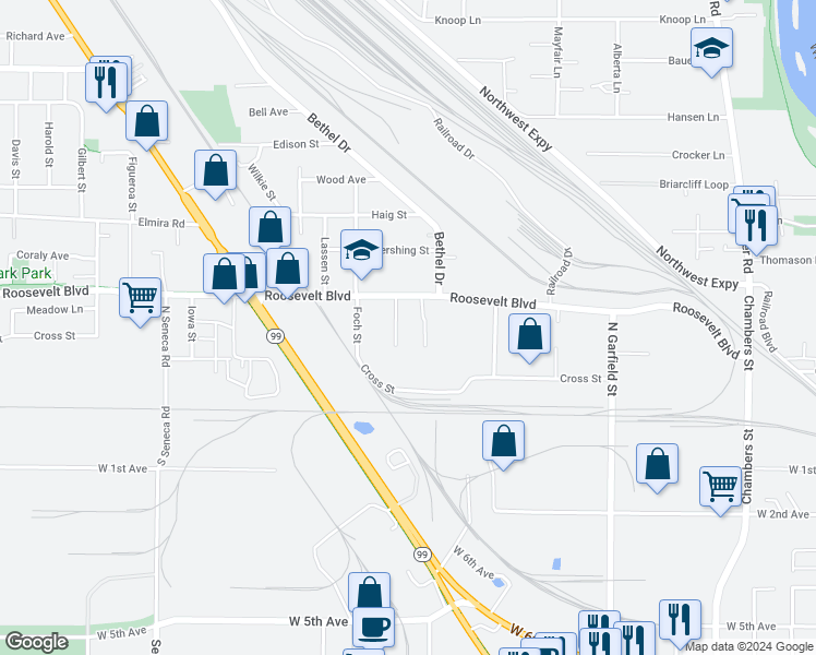 map of restaurants, bars, coffee shops, grocery stores, and more near 171 Aberdeen Street in Eugene