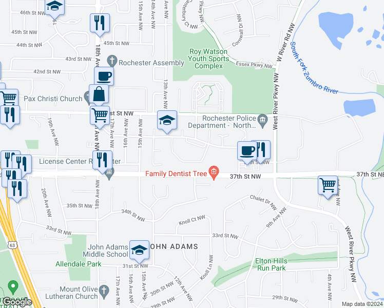 map of restaurants, bars, coffee shops, grocery stores, and more near 1300 40th Street Northwest in Rochester