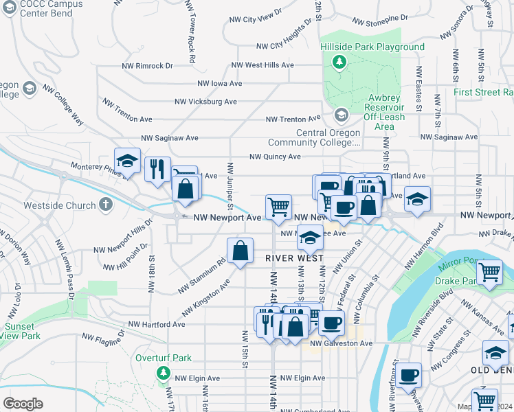 map of restaurants, bars, coffee shops, grocery stores, and more near 1490 Northwest Newport Avenue in Bend