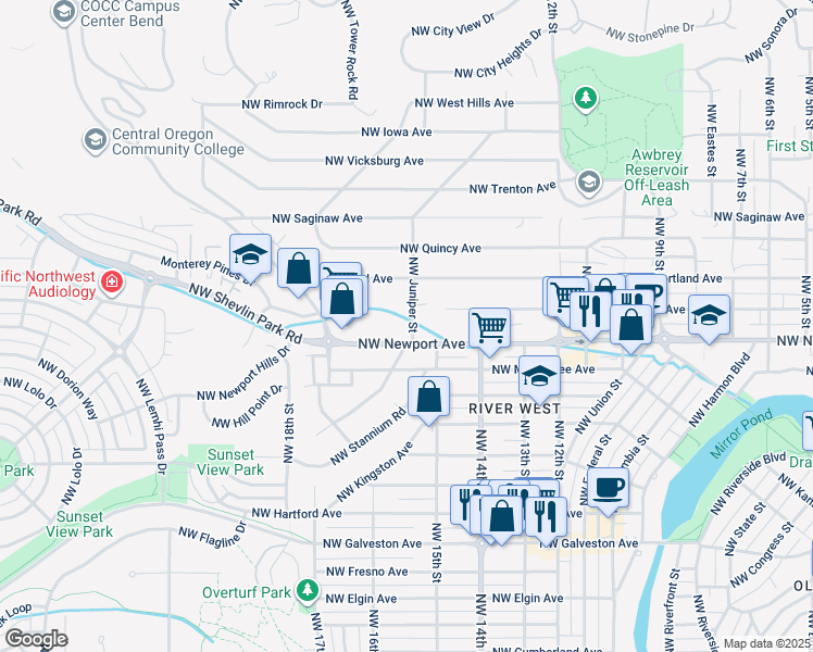 map of restaurants, bars, coffee shops, grocery stores, and more near 1439 Northwest Juniper Street in Bend