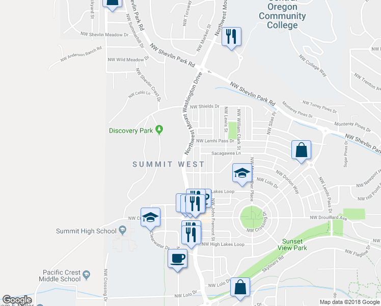 map of restaurants, bars, coffee shops, grocery stores, and more near 1361 Northwest Fort Clatsop Street in Bend