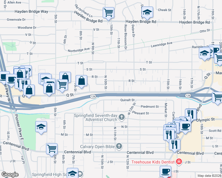 map of restaurants, bars, coffee shops, grocery stores, and more near 1807 North 10th Street in Springfield