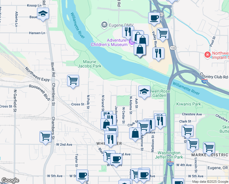 map of restaurants, bars, coffee shops, grocery stores, and more near 945 Lewis Avenue in Eugene