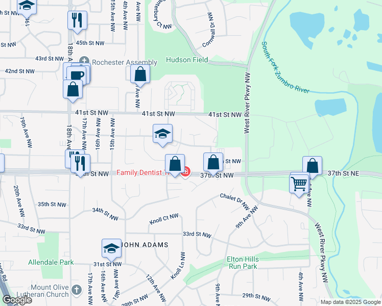 map of restaurants, bars, coffee shops, grocery stores, and more near 920 40th Street Northwest in Rochester