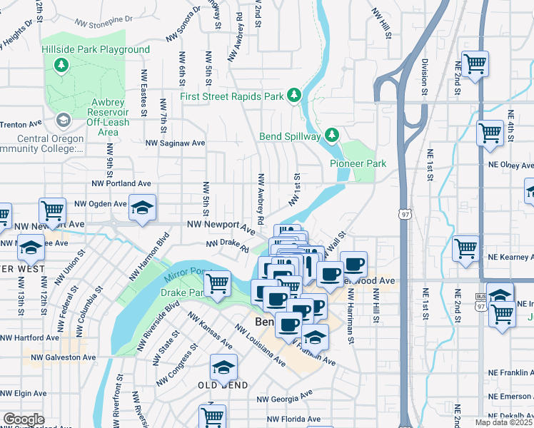 map of restaurants, bars, coffee shops, grocery stores, and more near 1404 Northwest 1st Street in Bend