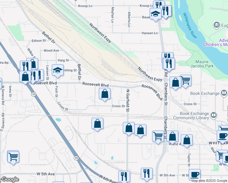 map of restaurants, bars, coffee shops, grocery stores, and more near 2084 Roosevelt Boulevard in Eugene