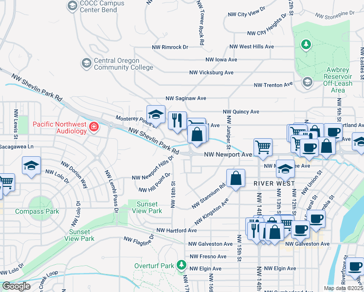 map of restaurants, bars, coffee shops, grocery stores, and more near 1400 Northwest College Way in Bend