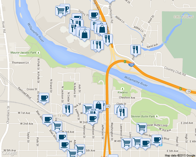 map of restaurants, bars, coffee shops, grocery stores, and more near 300 North Jefferson Street in Eugene